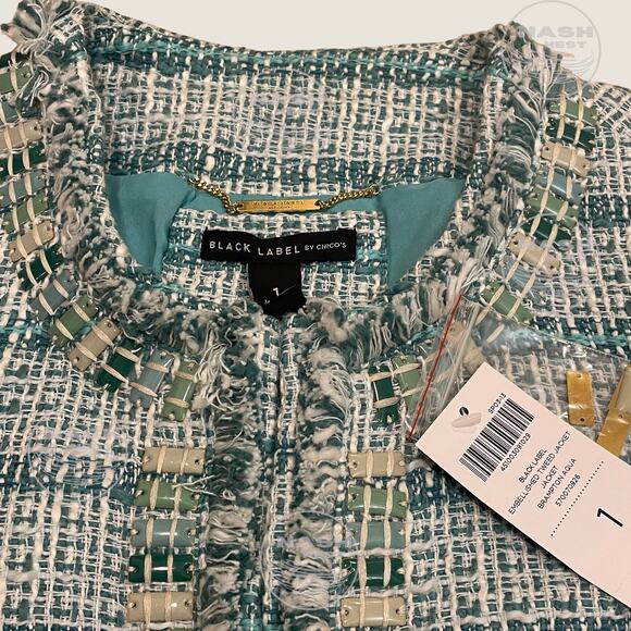 Chico’s Black Label M Tweed Jacket | Embellished Shell Enamel Tile Trim Aqua NWT - Picture 3 of 9